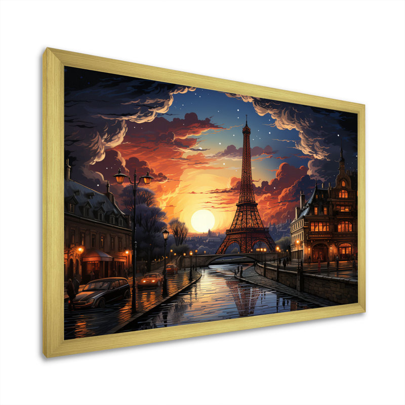 Futuriste Paris Eiffel Tower Scenery III - Franch Wall Art Living Room, H 24 po x l 32 po x P 1 po, Encadrement doré