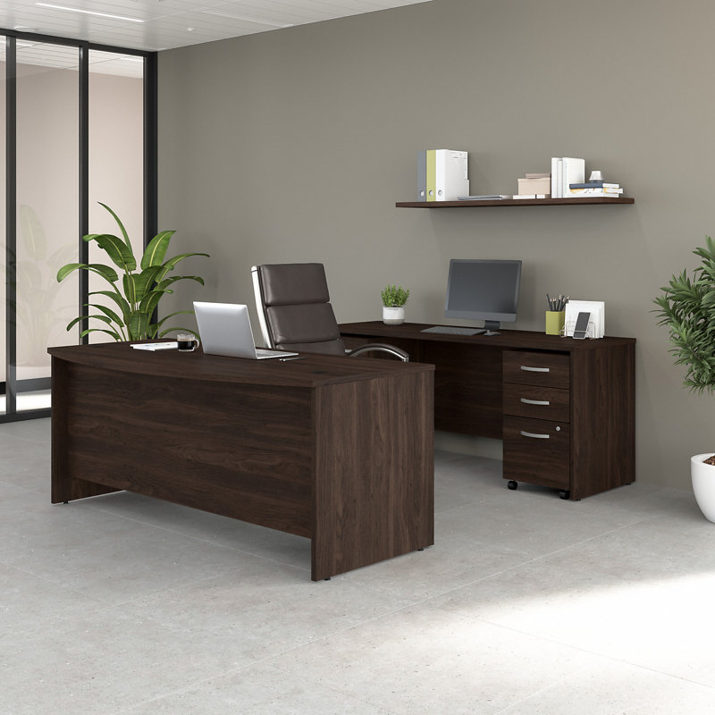 Studio C 72W x 36D Bow Front Desk and Credenza with Mobile File Cabinets, Black Walnut