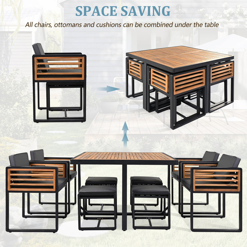Ensemble de salle à manger de jardin en bois d'acacia 18 pièces GO, 18 pièces: 2 tables, 8 chaises, 8 repose-pieds