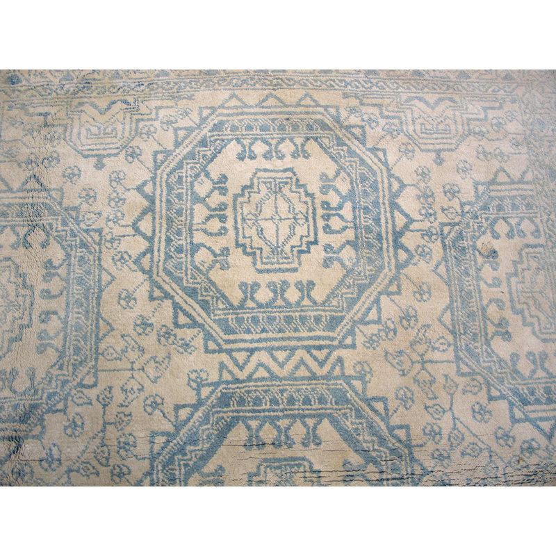 Antique Light Ivory Color Faded Blue Geometric Design Cotton Agra Rug From India