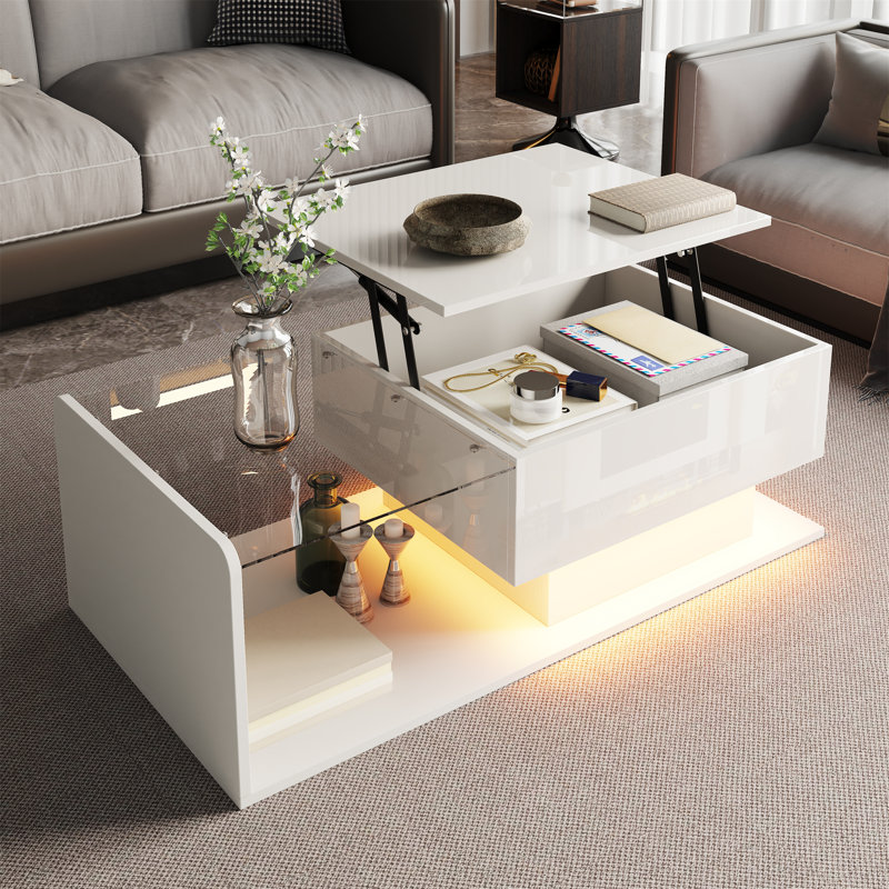 Modern Lift-Top Coffee Table With Led Lighting - Adjustable Height, White