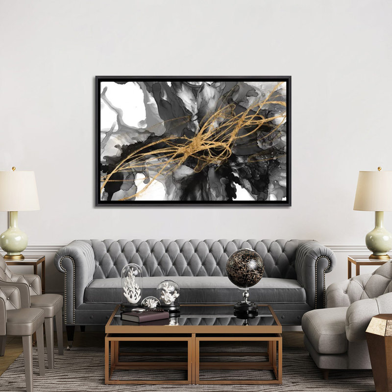 «Golden Vortex I» par Jennifer Goldberger - reproduction, H 40 po x l 60 po x 1,5 po, Toile avec cadre noir patiné