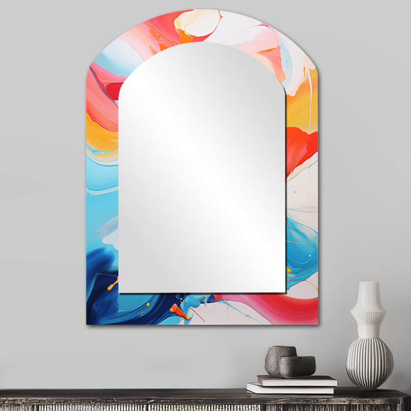 Bleu et rose tempête de peinture I - miroir asymétrique à encre liquide, miroir mural décoratif arche rose, impression d'art en métal