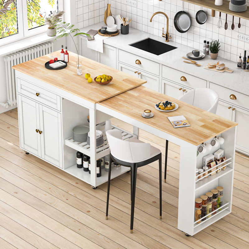 81.5'' Kitchen Island With Extendable Dining Table For 4-6 Person,kitchen Island With Storage 2 Drawers 2 Side Open Shelves,two-tone Table With Double-sized Storage