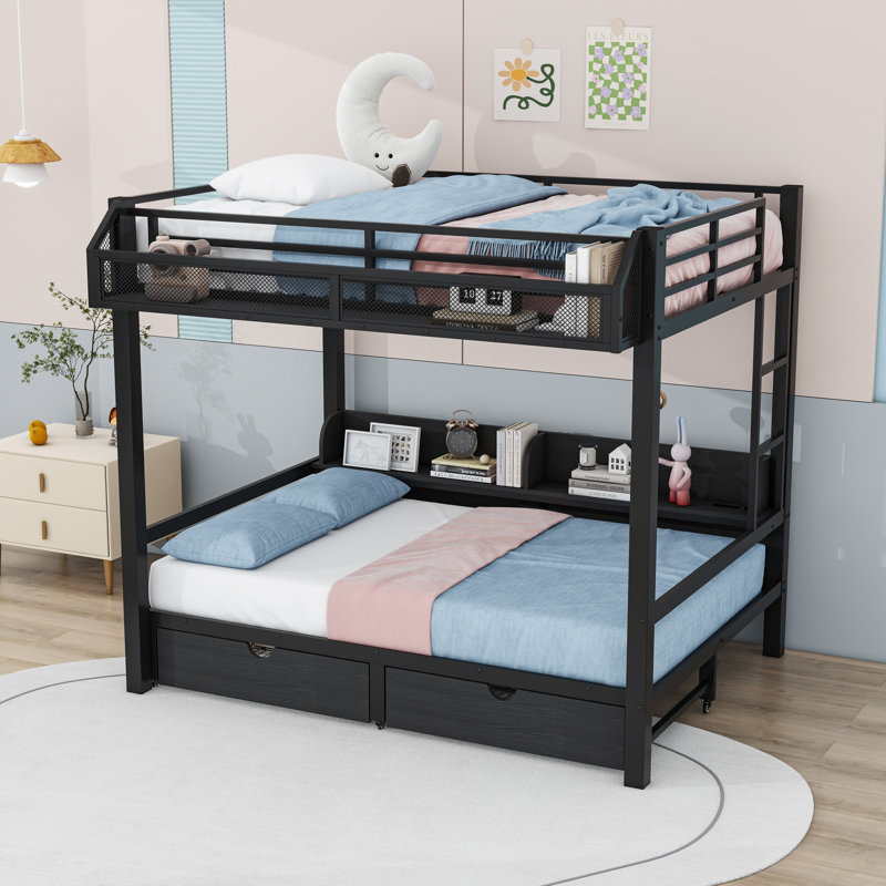 Lit superposé en métal 2 tiroirs avec tablettes intégrées et lumières DEL et ports USB, Double sur double, Noir