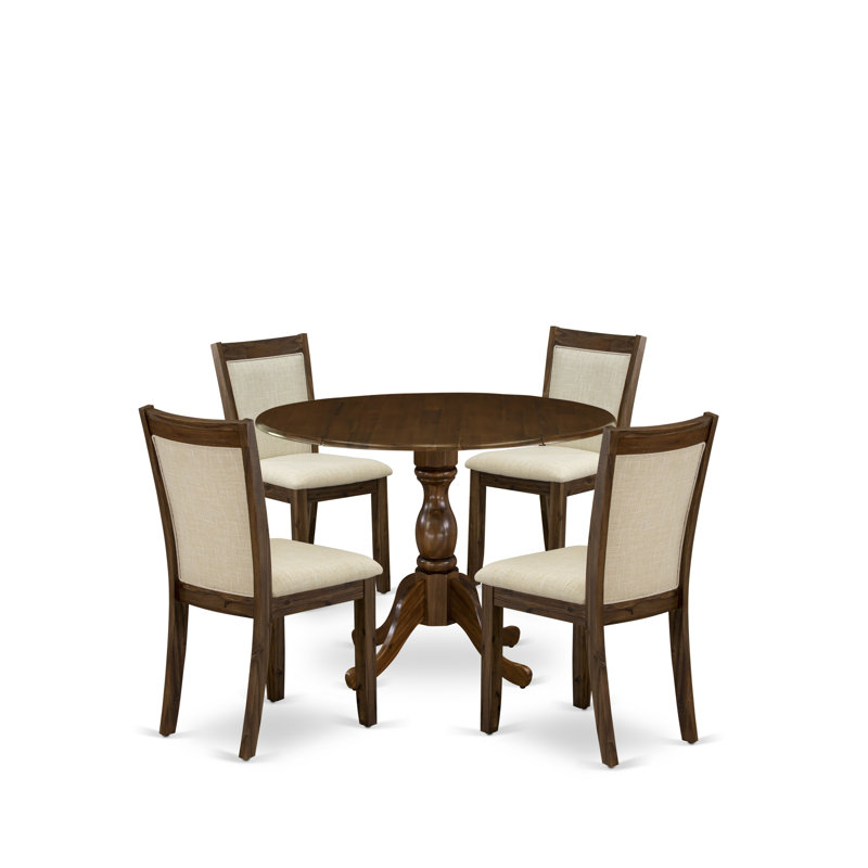 5 Piece Dinette Set for 4 Includes a Round Dining Table with Dropleaf and 4 Light Tan Linen Fabric Parson Dining Room Chairs, Natural Walnut