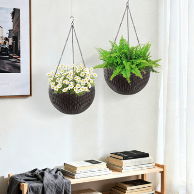 Jardinière suspendue auto-arrosante de 13,4 pouces en brun 2, grande capacité, pourriture des racines pour l'intérieur et le balcon avec rangement pour l'eau, 2 brun, ensemble de décoration