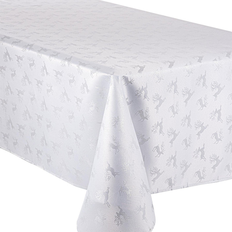Christmas Tablecloth Metallic Deer Design, White;Silver, 132cm W x 228cm L
