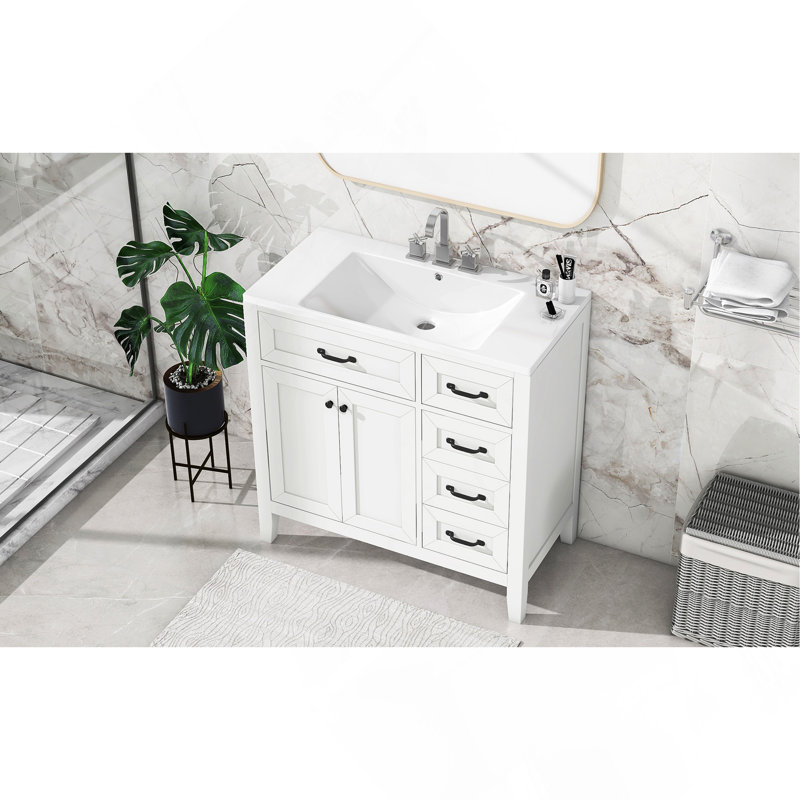 Ensemble de meuble-lavabo 36 po avec lavabo, armoire de salle de bain blanche avec tiroirs, structure solide et panneau de fibres à densité moyenne