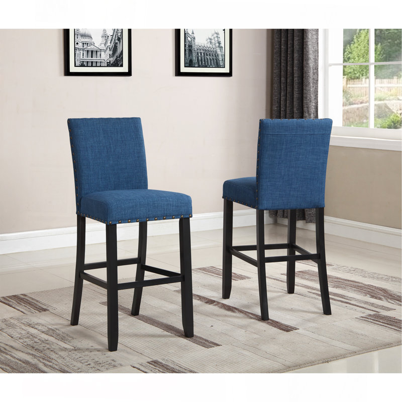 Biony Fabric Bar Stools With Nailhead Trim, Set Of 2, Blue