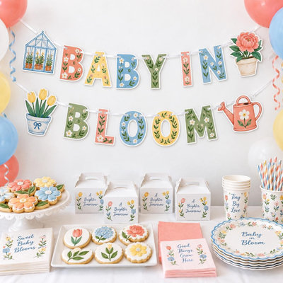 Baby in Bloom Garland, Floral Baby Shower Decor, Greenhouse Peony Tulips (Cardstock)