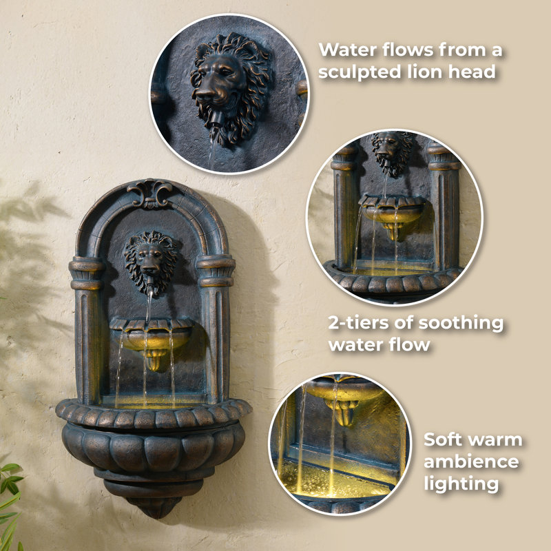 Tiered Lion Head Outdoor Water Wall Fountain with LED Light and Pump, Antique Copper