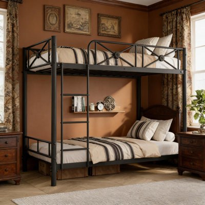 Metal Bunk Bed Twin Over Twin with Safety Guard Rails and Space-Saving Design, Steel Bed for School, Bedroom