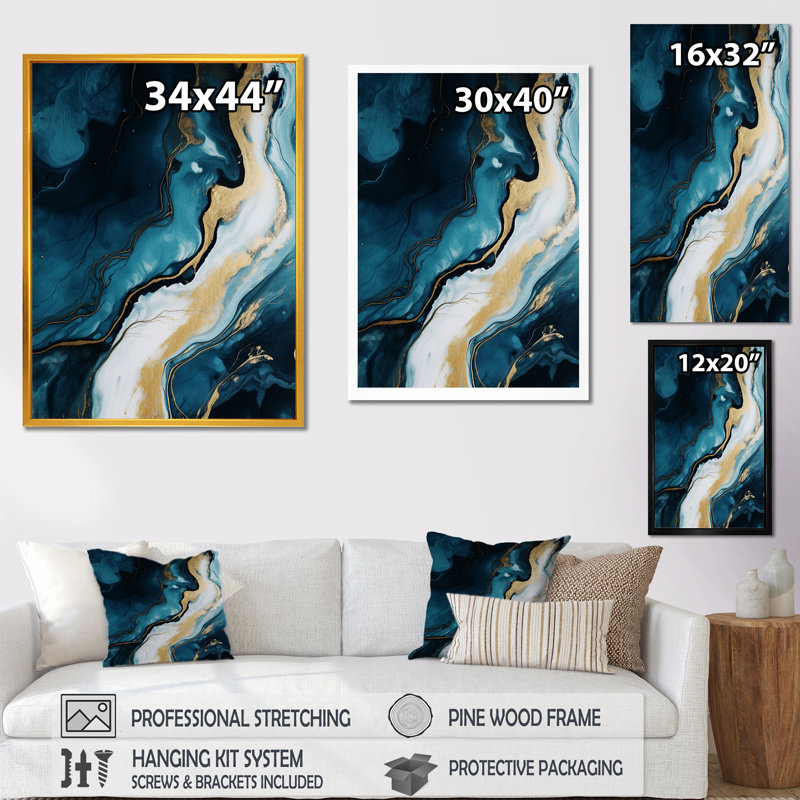 Décoration murale dorée et bleue abstraite I - décoration murale en marbre, Cadre doré simple, H 40 po x l 30 po x P 1,5 po