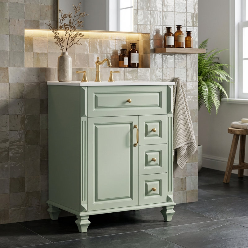 Compact Freestanding Bathroom Vanity with Ceramic Sink and Ample Storage, Featuring Flip-Out Drawer and Adjustable Shelving for Modern Bathroom Organization