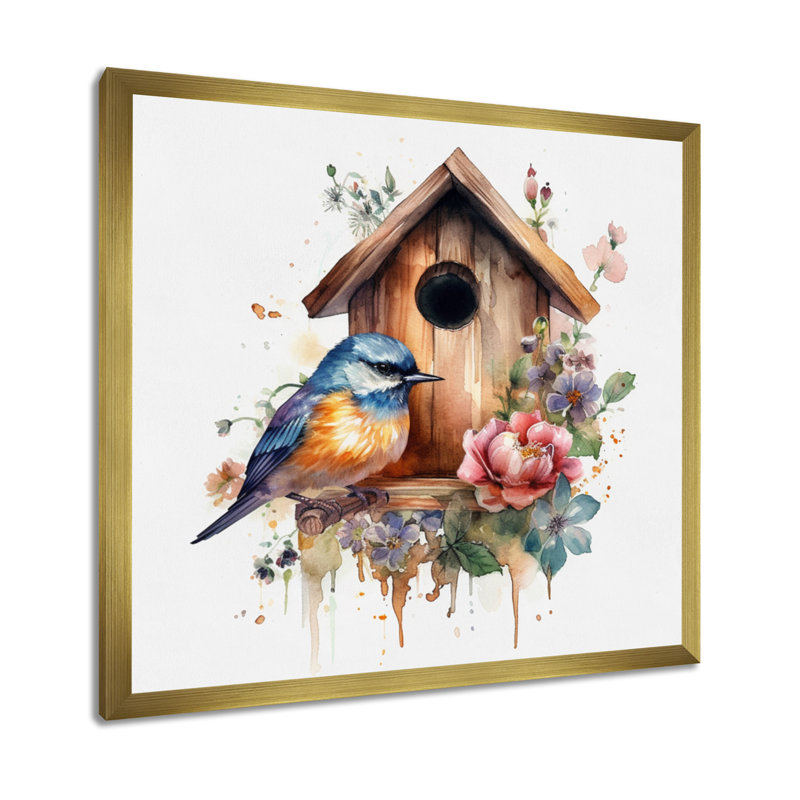 Bird On A Birdhouse, reproduction d'art sur toile, H 24 po x l 24 po x P 1 po, Cadre flottant doré