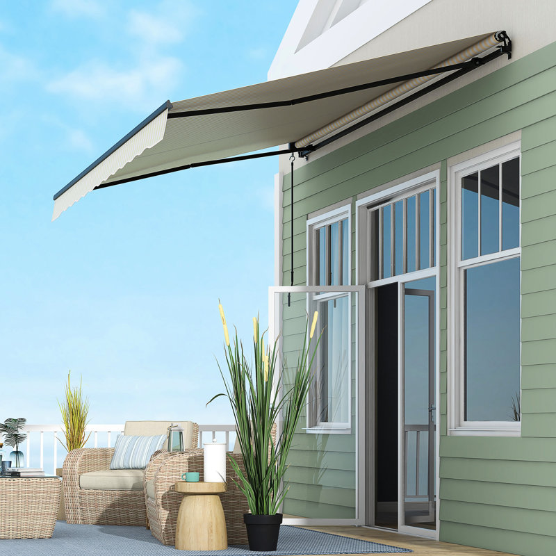 Auvent de patio avec manivelle manuelle, beige et blanc, 13 pi x 10 pi, pont en tissu 280 g / m², rétractable, blanc