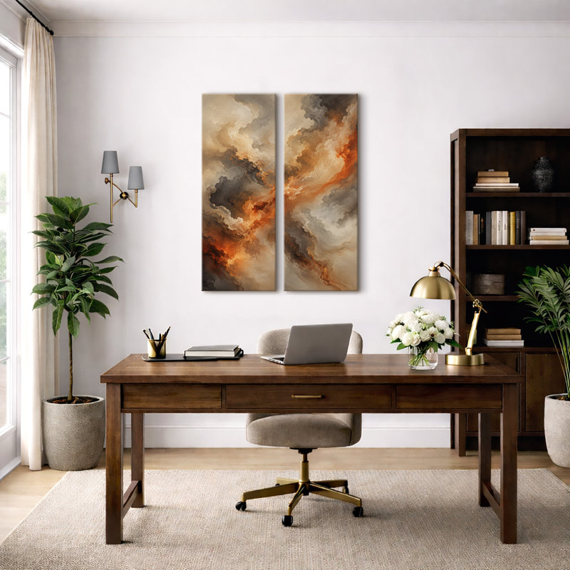 Nuage gris rouille abstrait – Ensemble de 2 impressions d'art murales encadrées sur toile 32 po x 12 po x 2