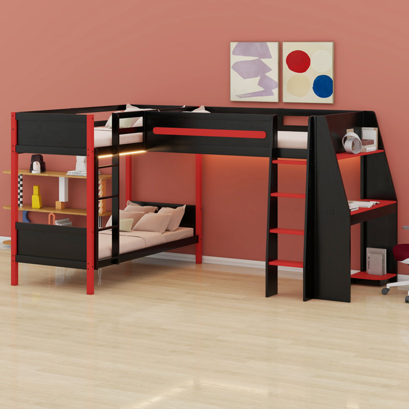 Lit superposé en L avec lit mezzanine, bureau intégré, tablettes et DEL