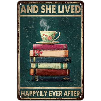 Books Metal Sign And She Lived Happily Ever After Retro Tin Sign for Bookworms Kitchen Dining Area Library Wall Decor 12 * 8In