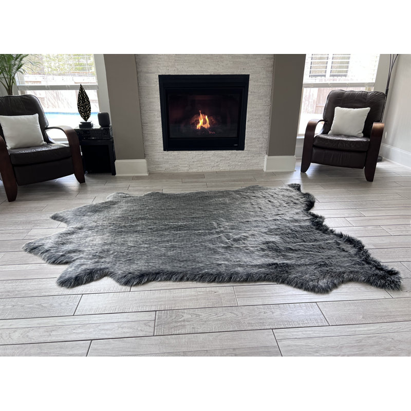 Faux Bison Skin Fur Shag Area Rug in Black and Beige, Animal Shape 6' X 7'