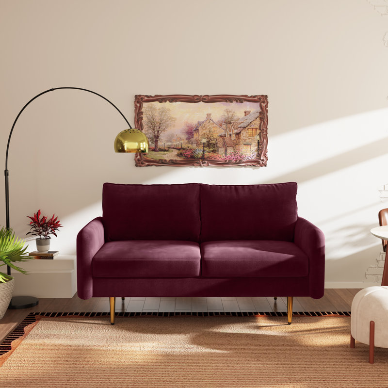 Casey 58" Velvet Round Arms Sofa Loveseat, Burgundy Velvet, Velvet