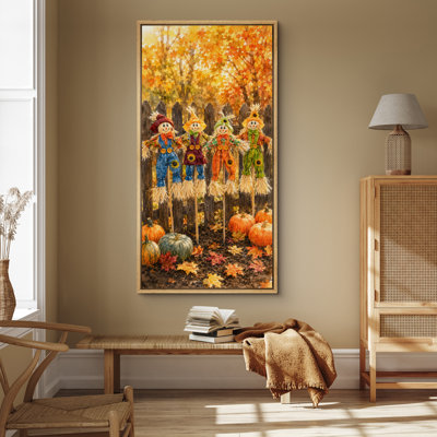 «Autumn Scarecrow Family with Pumpkins Harvest», impression murale sur toile encadrée