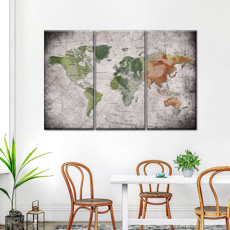 Éducatif carte du monde V, ensemble de 3 reproductions sur toile par Finnian P, H 24 po x l 38 po x P 1,25 po