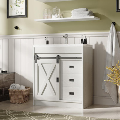 Farmhouse Bathroom Vanity with Sink, Bathroom Vanity Cabinet with 3 Drawers & Sliding Barn Door, Small Bath Storage Vanity Sink Set with Metal Handles