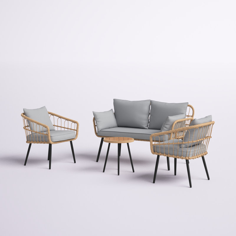 Ensemble de conversation d'extérieur 3 personnes avec coussins Hagler, Structure brun clair / coussin gris