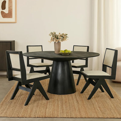 Ensemble de salle à manger Toty 5 pièces, table ronde avec piédestal, 4 chaises en tissu gris, noir