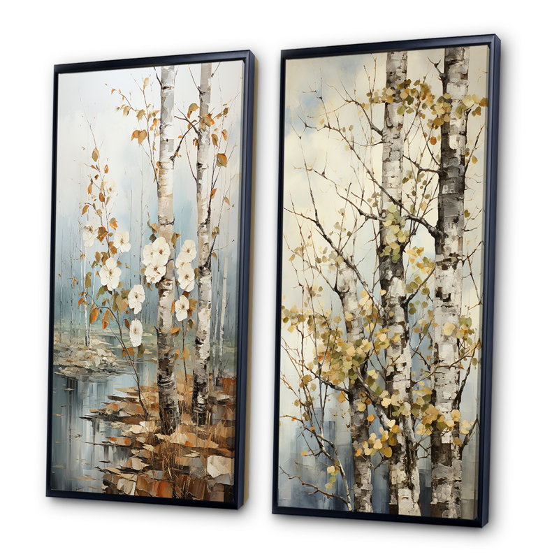 2 pièces sur toile - Symphonie sycomore arbre gris blanc, Cadre noir, H 40 po x l 40 po