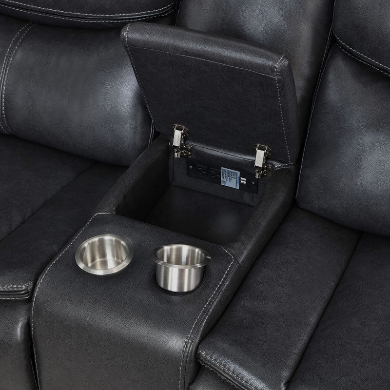 Canapé modulaire inclinable électrique gris foncé avec revêtement respirant, coussins en forme de canal et console rabattable pour l'organisation inclinable en forme de L, courbée, assise