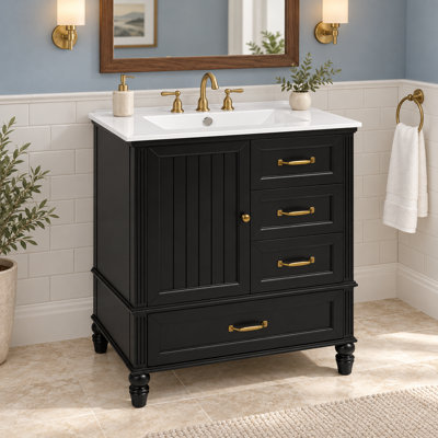Meuble-lavabo de 30 po avec lavabo, armoire de salle de bain avec porte, trois tiroirs, pieds en bois massif et panneau de fibres à densité moyenne, patins réglables, noir