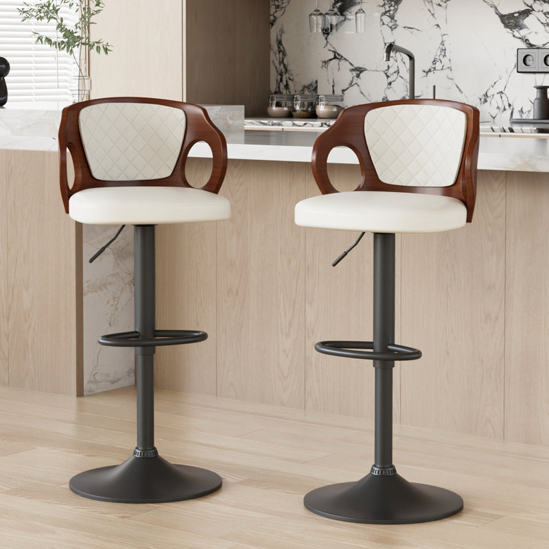 Ensemble de 2 tabourets de comptoir pivotants à hauteur réglable Ferriera, chaises de bar rembourrées en similicuir avec base en métal, repose-pieds, îlot de cuisine Mid-Century pour îlot de cuisine, bar personnel, pub, café ou bureau, blanc