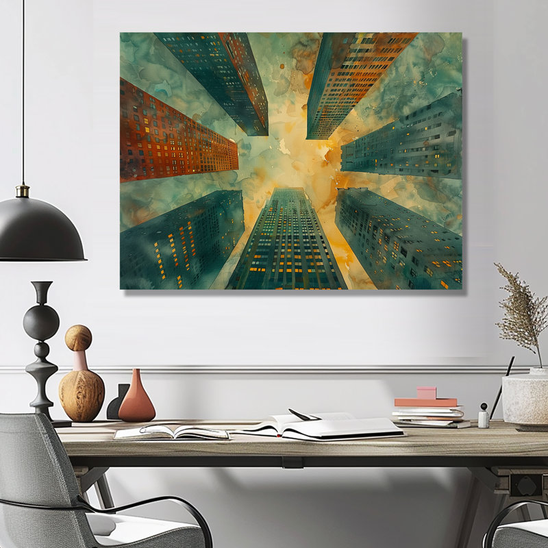 Vert, rouge, urbain, rétro, gratte-ciel I - gratte-ciel, art mural, salon, Métal métal, H 30 po x l 40 po x P 1,5 po