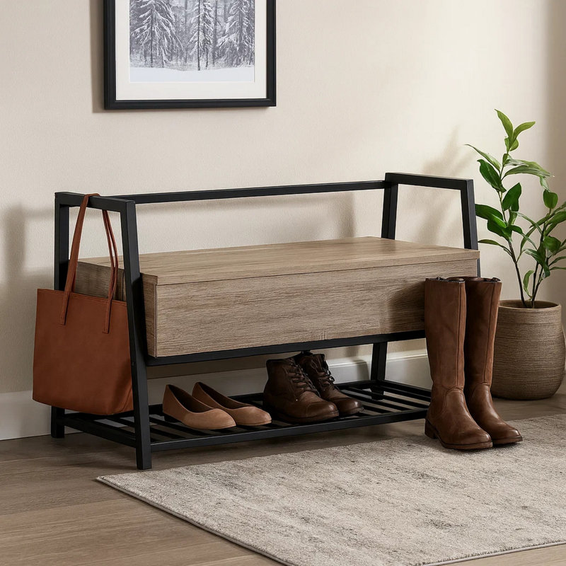 Banc à chaussures Shon, siège de rangement pour chaussures rectangulaire de 42 pouces, métal, Brun taupe