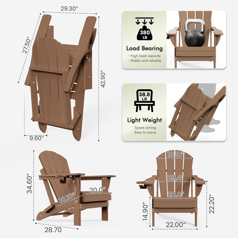Hayfield HDPE Outdoor Foldable Adirondack Chair with Cup Holder Weather-Resistant , Teak