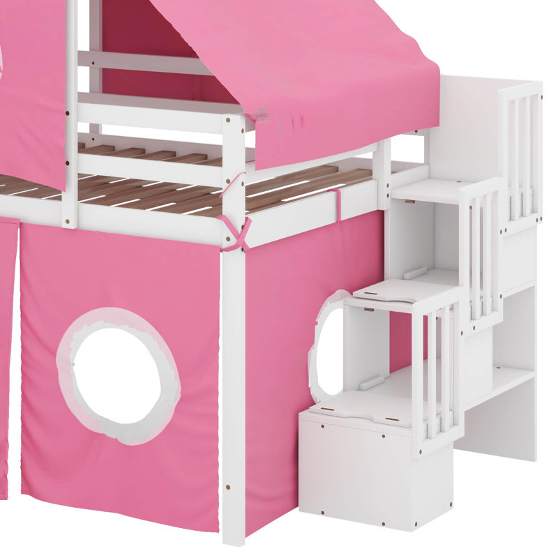 Lit mezzanine double avec tour et tente, Rose