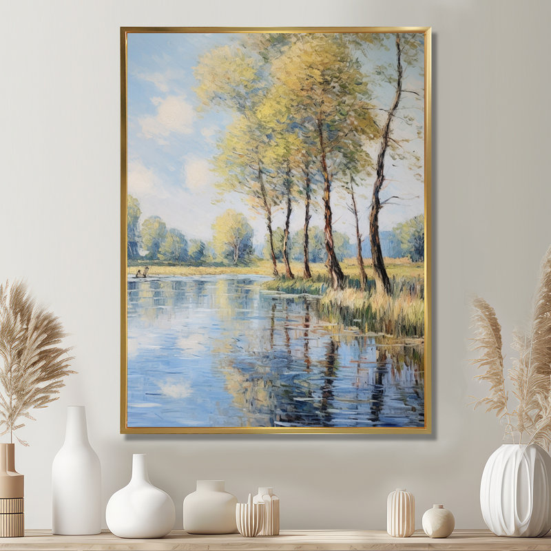 Arbres printaniers au bord de la rivière Country - lac, art mural, H 40 po x l 30 po, Cadre doré flottant, bois massif