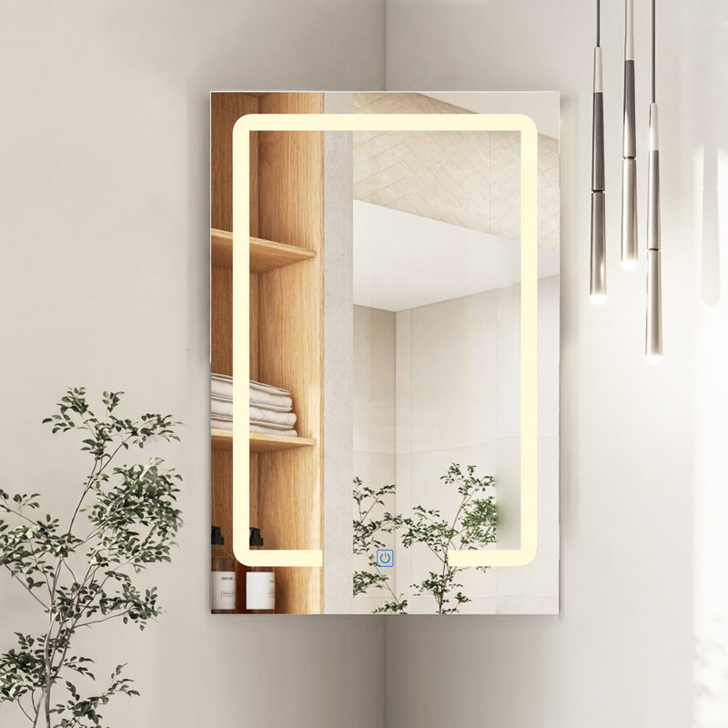 Corner Wall Mounted Bathroom Cabinet with Mirror&LED Light,40x29x60cm, 2 Shelves Single Door Bathroom Mirror Cabinet,Bathroom Storage Unit, Wooden Storage Cupboard for Toilet,Living Room,White
