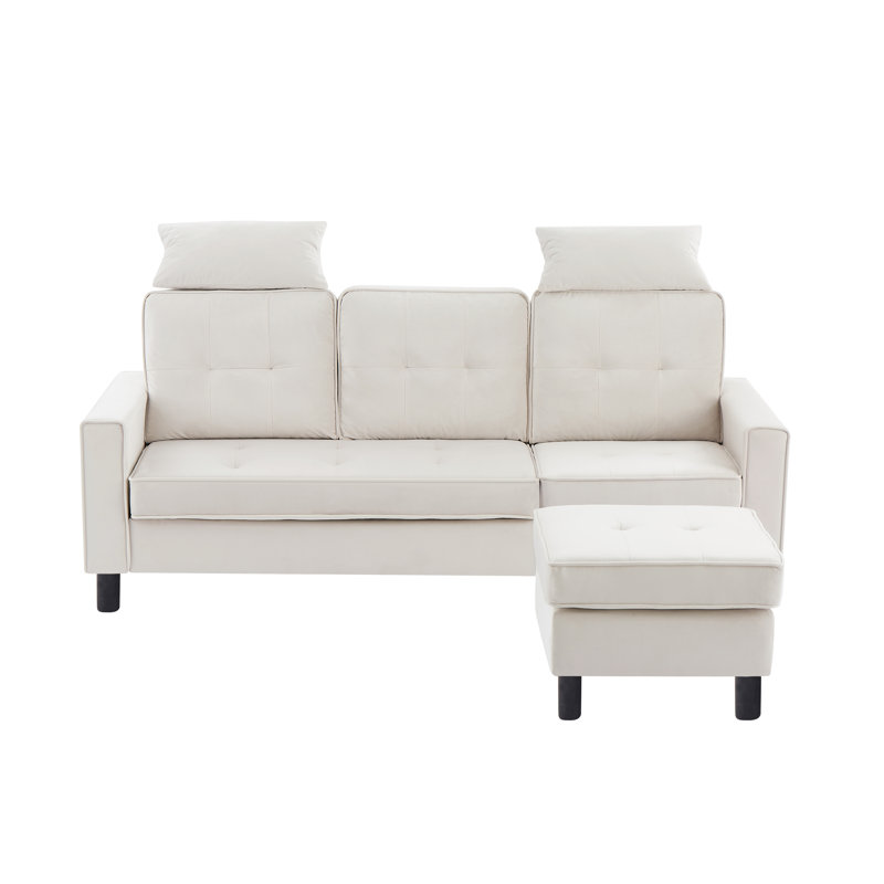 Canapé réversible avec repose-pieds Nikiforos, Velours blanc