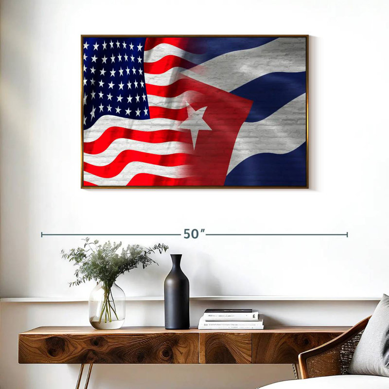 Drapeau américain et cubain, Cadre flottant doré, 37 po x 25 po