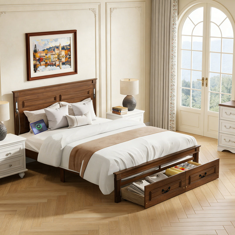 Grand lit avec tête et pied de lit, lit plateforme avec tiroirs de rangement, Walnut