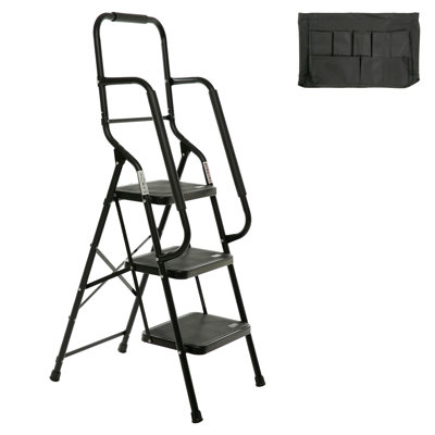 Échelle à 3 marches avec mains courantes Échelle pliante pour escabeaux d'une capacité de 500 lb Structure en acier avec mains courantes de sécurité Escabeau à pédale large antidérapant avec sac à outils amovible Noir