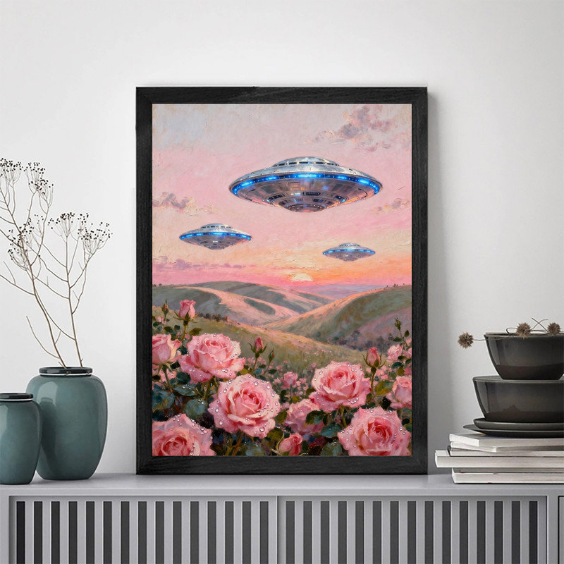 OVNI rétro et art mural noir, reproduction de paysage rétro surréel, H 37 po x l 25 po