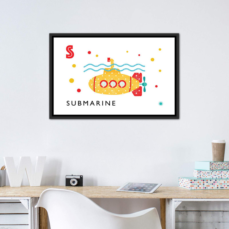 S Is For Submarine - Imprimé, H 26 po x l 40 po x 1,5 po, Toile avec cadre noir patiné, Pas de tapis