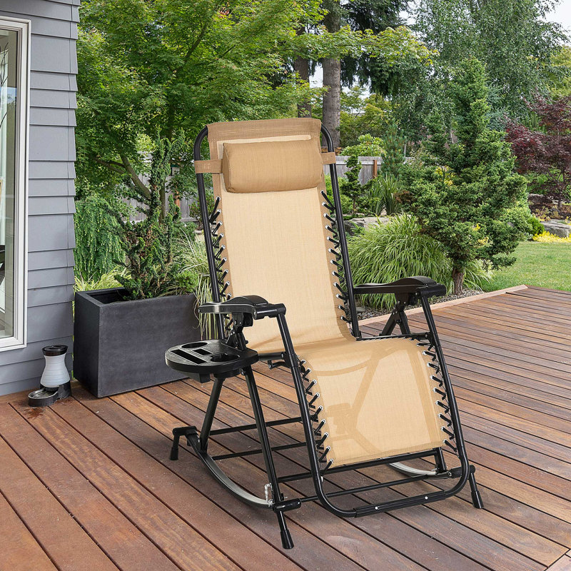 Outdoor Rocking Chairs, Foldable Reclining Zero Gravity Lounge Rocker W/ Pillow, Cup & Phone Holder, Beige