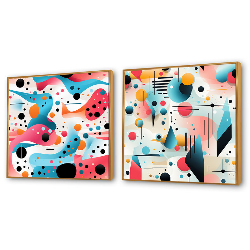«Pink and Blue 1950S Trendy Patterns I - Abstract Collages Square», ensemble de 2, Cadre flottant doré, H 30 po x l 61 po