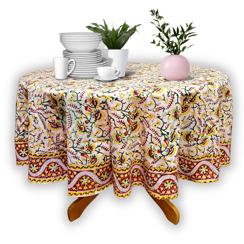 Block Print Floral Cotton Round Tablecloth, Yellow/Red